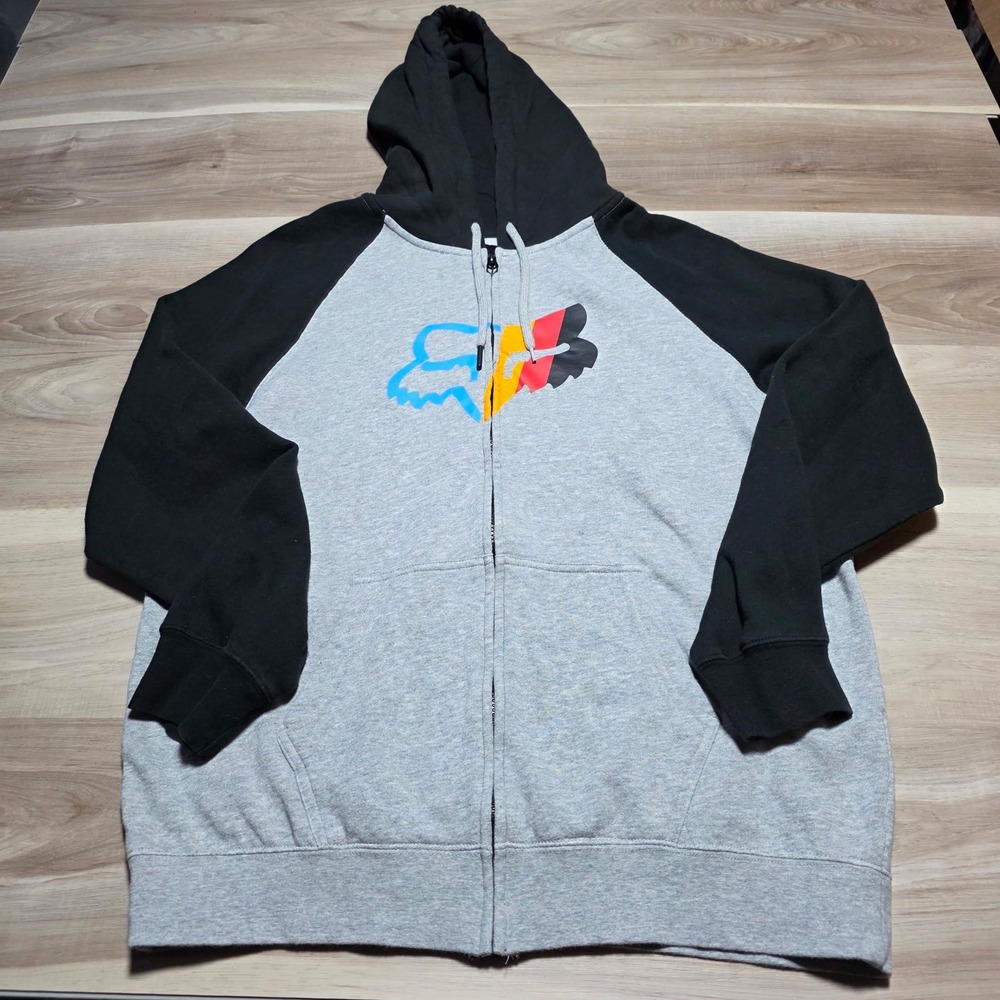 Fox‎ Racing Zip Up Hoodie Mens Large Gray Black Logo Fleece Sweatshirt Raglan L